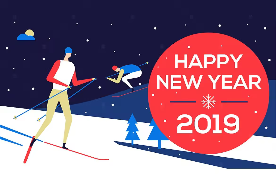 滑雪场景新年主题扁平化设计风格矢量插画Happynewyear2019flatdesignillustration(图1)